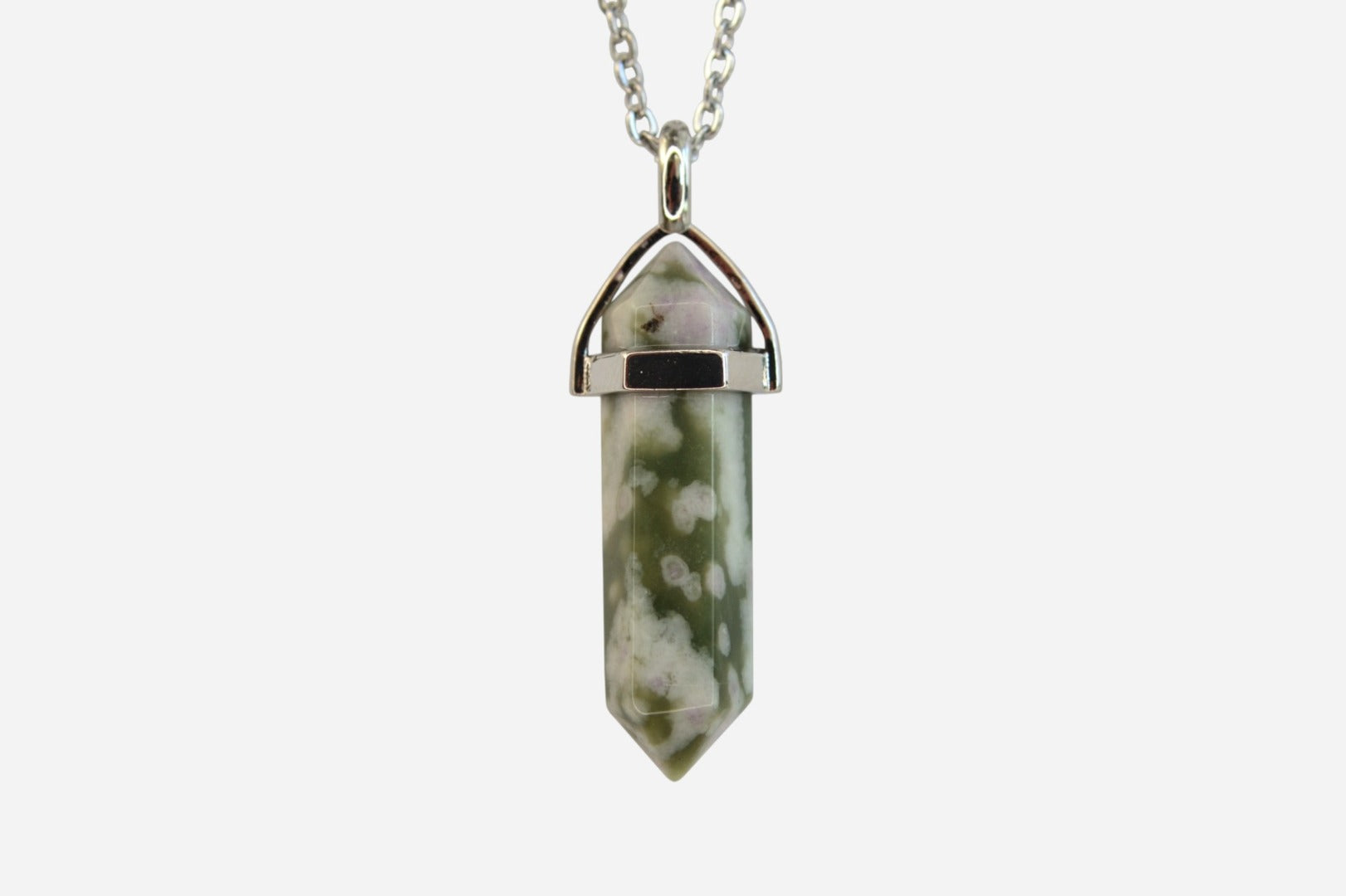 Light Moss Agate Hexagonal Natural Gemstone Pendant Necklace 50cm with Pouch - Mystic Gems