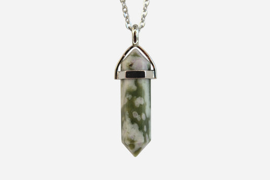 Light Moss Agate Hexagonal Natural Gemstone Pendant Necklace 50cm with Pouch - Mystic Gems