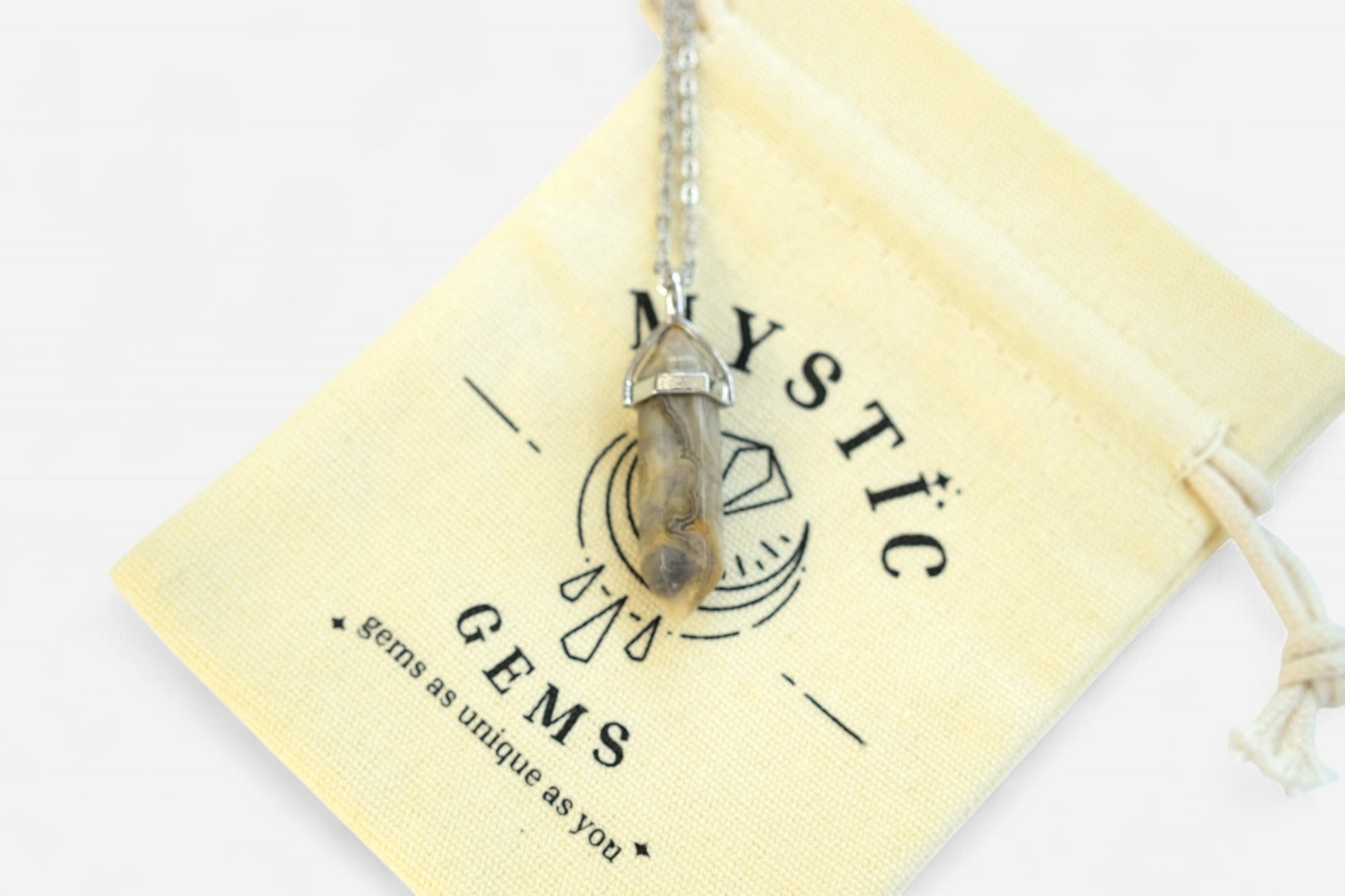Lace Agate Hexagonal Natural Gemstone Pendant Necklace 50cm with Pouch - Mystic Gems