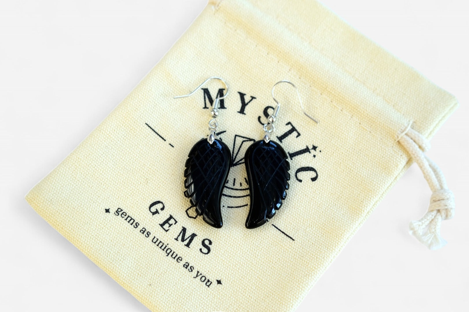 Black Onyx Big Angel Wing Natural Gemstone Earrings with Pouch - Mystic Gems