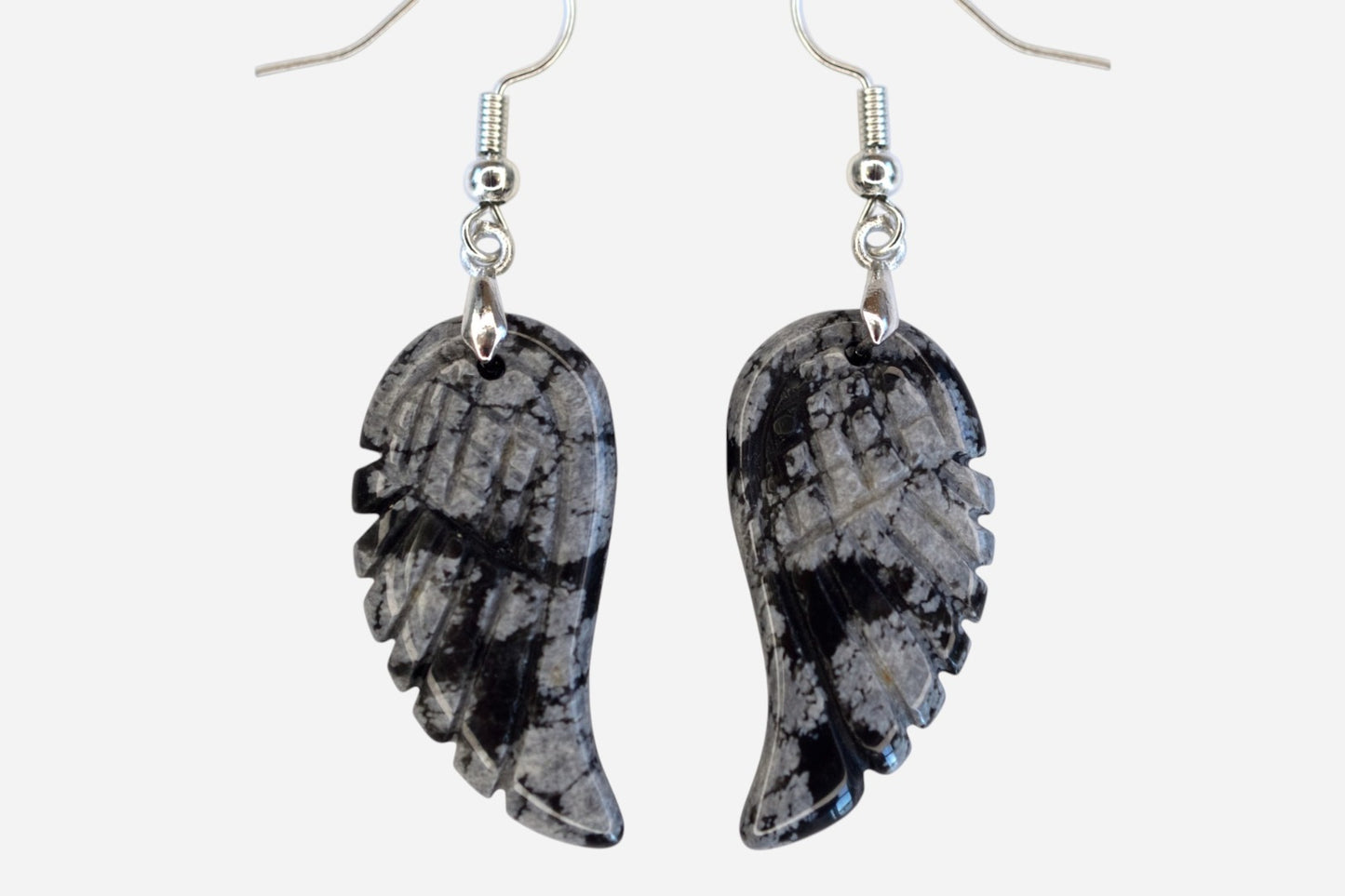 Snowflake Obsidian Big Angel Wing Natural Gemstone Earrings with Pouch - Mystic Gems