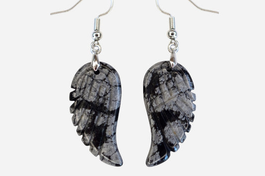 Snowflake Obsidian Big Angel Wing Natural Gemstone Earrings with Pouch - Mystic Gems
