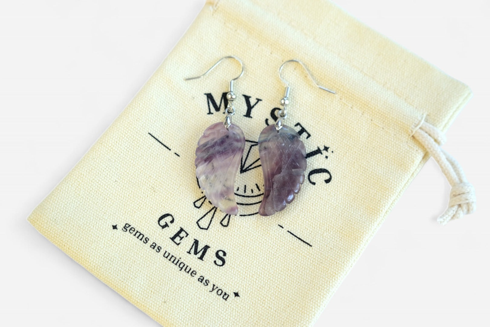 Multi Fluorite Big Angel Wing Natural Gemstone Earrings with Pouch - Mystic Gems