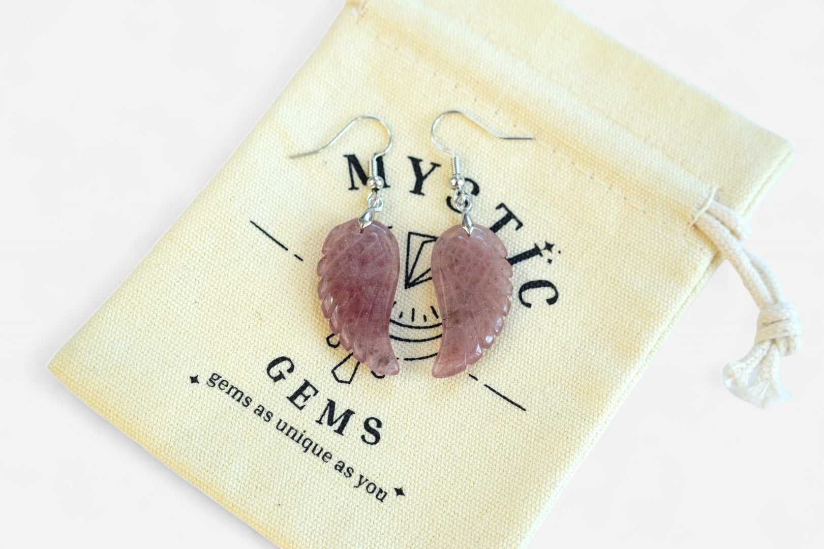 Ruby Quartz Big Angel Wing Natural Gemstone Earrings with Pouch - Mystic Gems