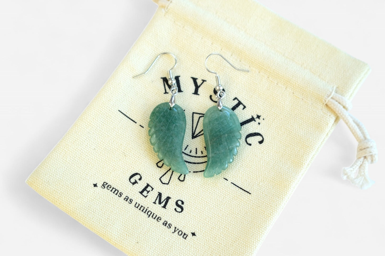 Green Aventurine Big Angel Wing Natural Gemstone Earrings with Pouch - Mystic Gems