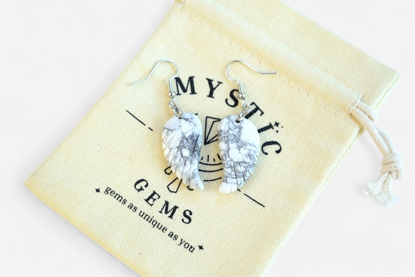 White Howlite Big Angel Wing Natural Gemstone Earrings with Pouch - Mystic Gems