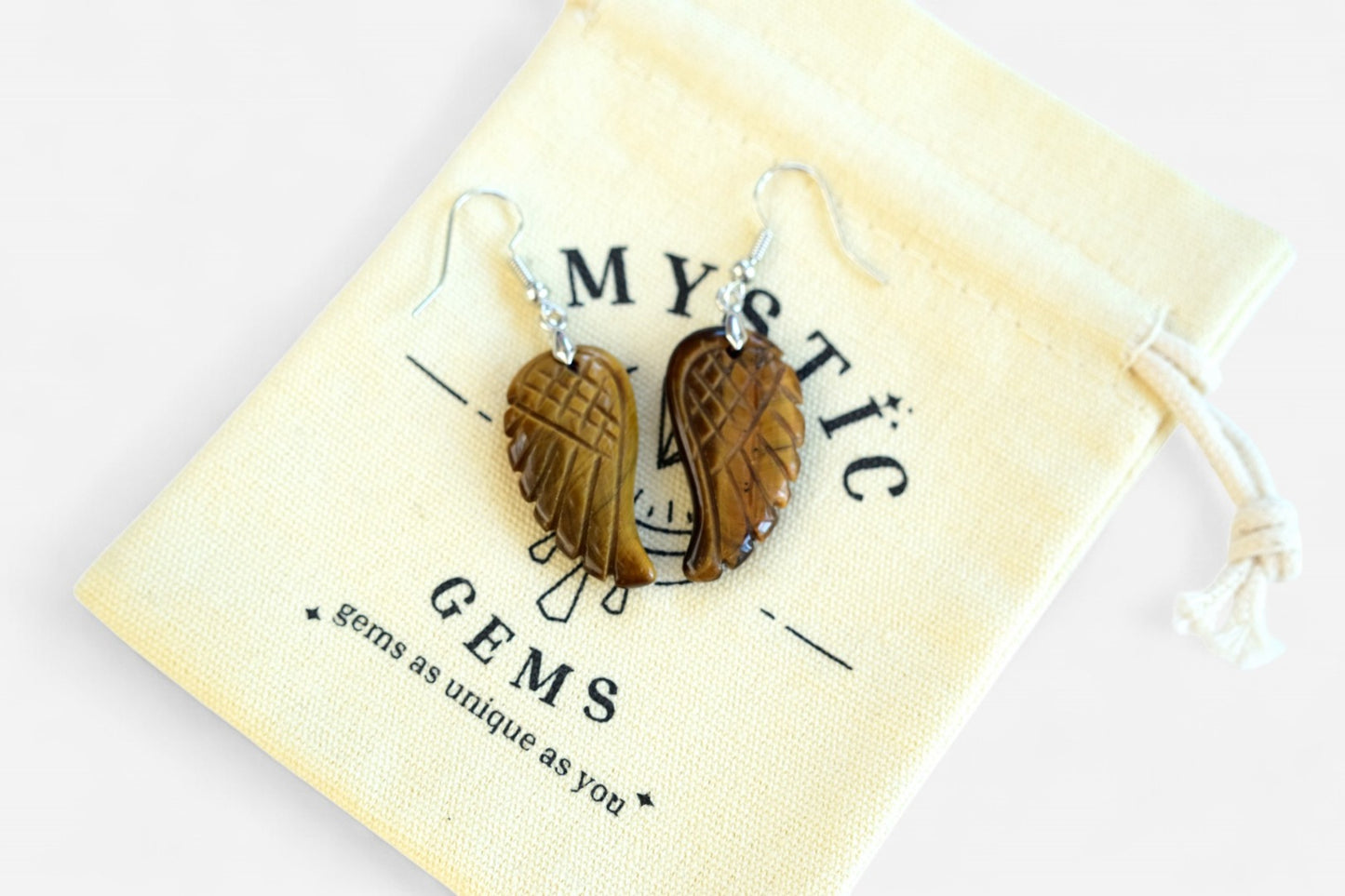 Tigers Eye Big Angel Wing Natural Gemstone Earrings with Pouch - Mystic Gems