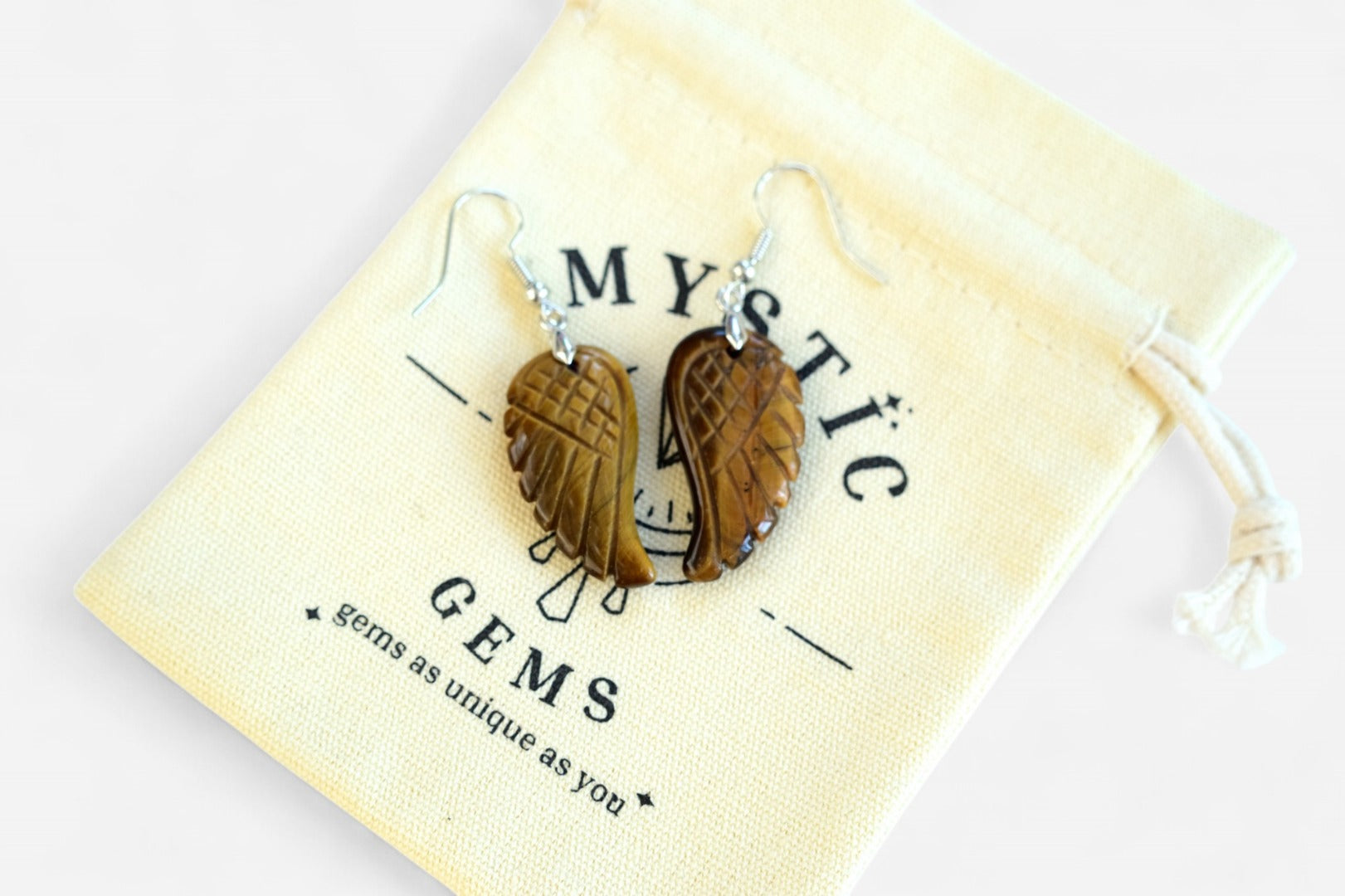 Tigers Eye Big Angel Wing Natural Gemstone Earrings with Pouch - Mystic Gems