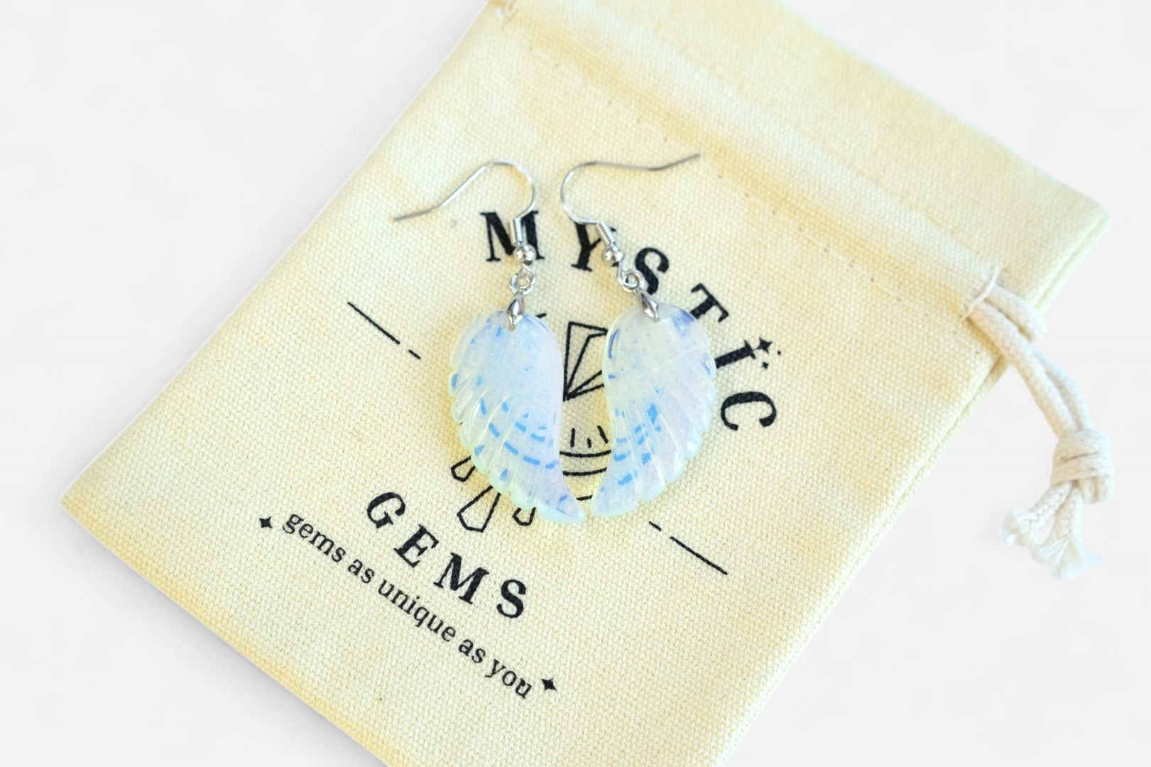 Opalite Big Angel Wing Manmade Gemstone Earrings with Pouch - Mystic Gems
