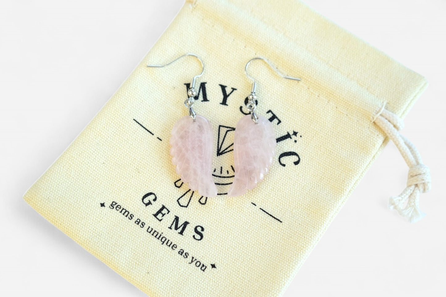 Rose Quartz Big Angel Wing Natural Gemstone Earrings with Pouch - Mystic Gems