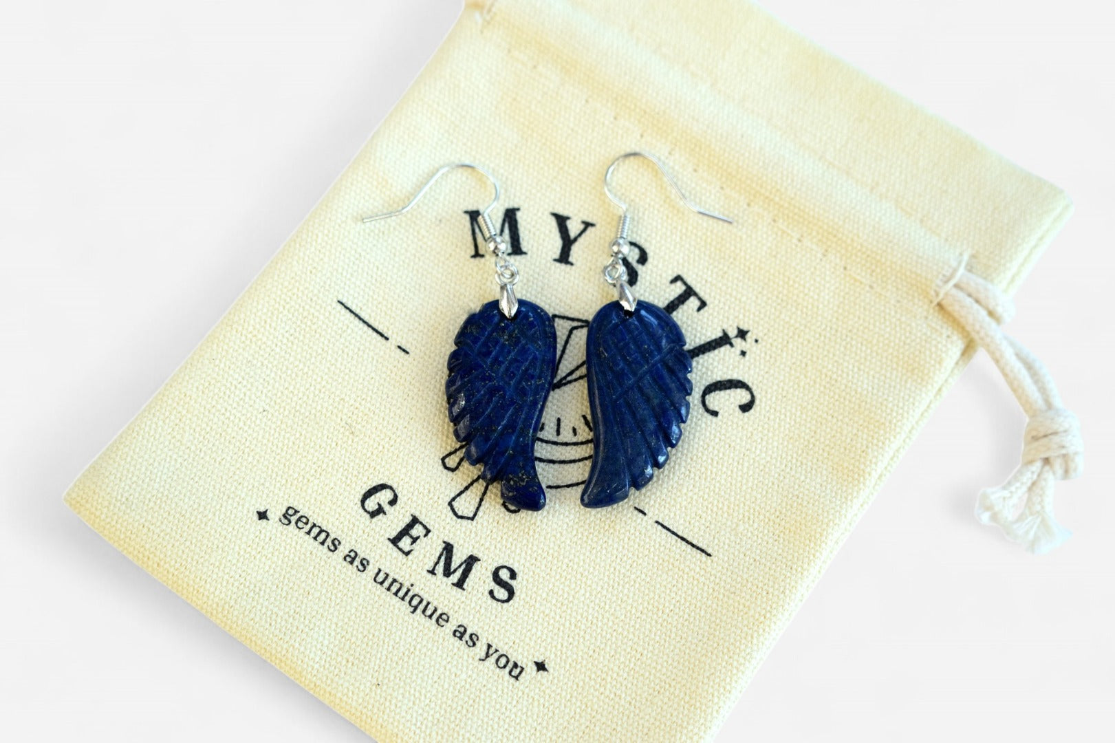 Lapis Lazuli Big Angel Wing Natural Gemstone Earrings with Pouch - Mystic Gems