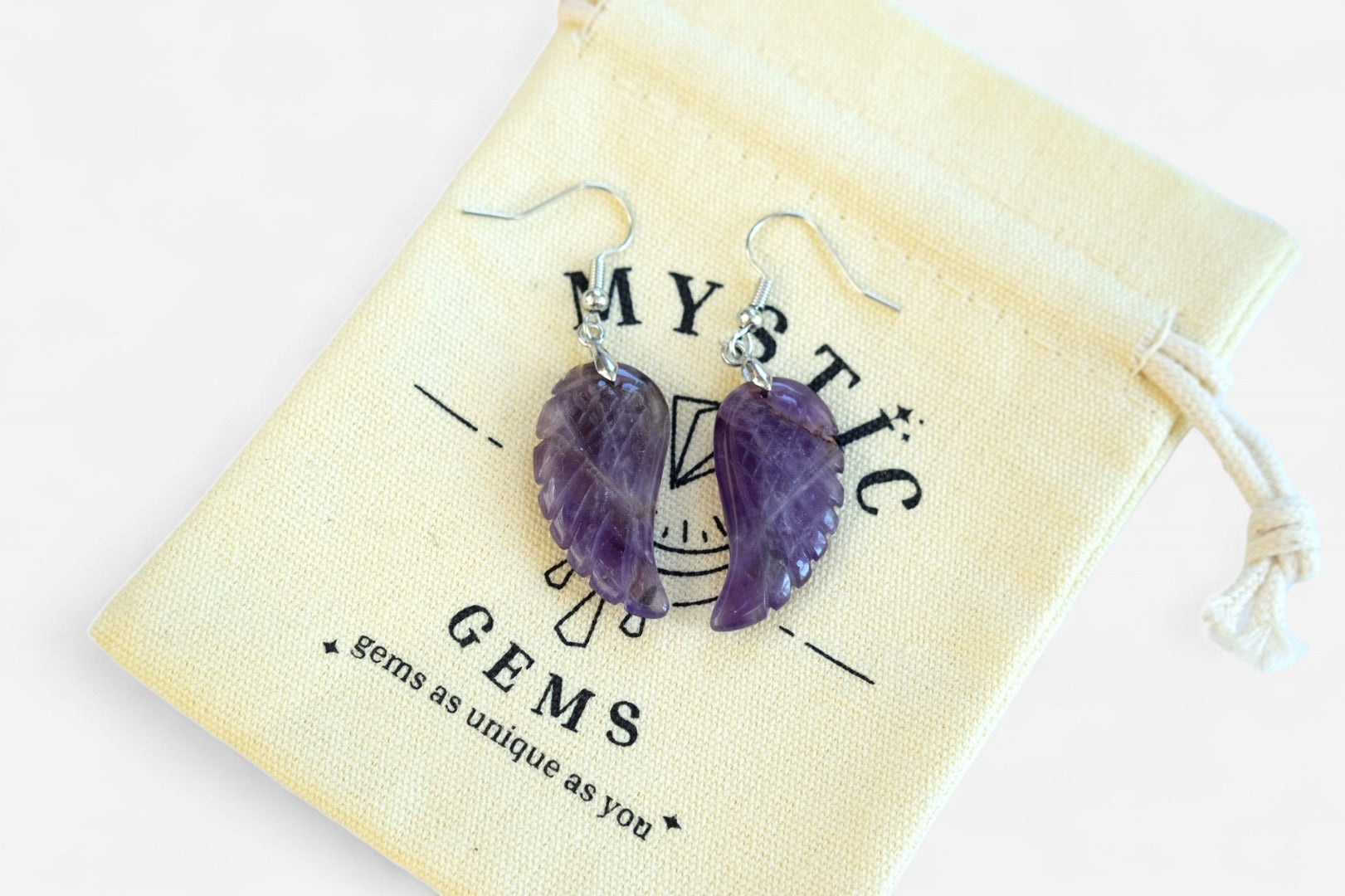 Amethyst Big Angel Wing Natural Gemstone Earrings with Pouch - Mystic Gems
