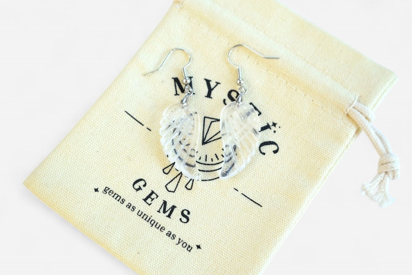 Clear Quartz Big Angel Wing Natural Gemstone Earrings with Pouch - Mystic Gems