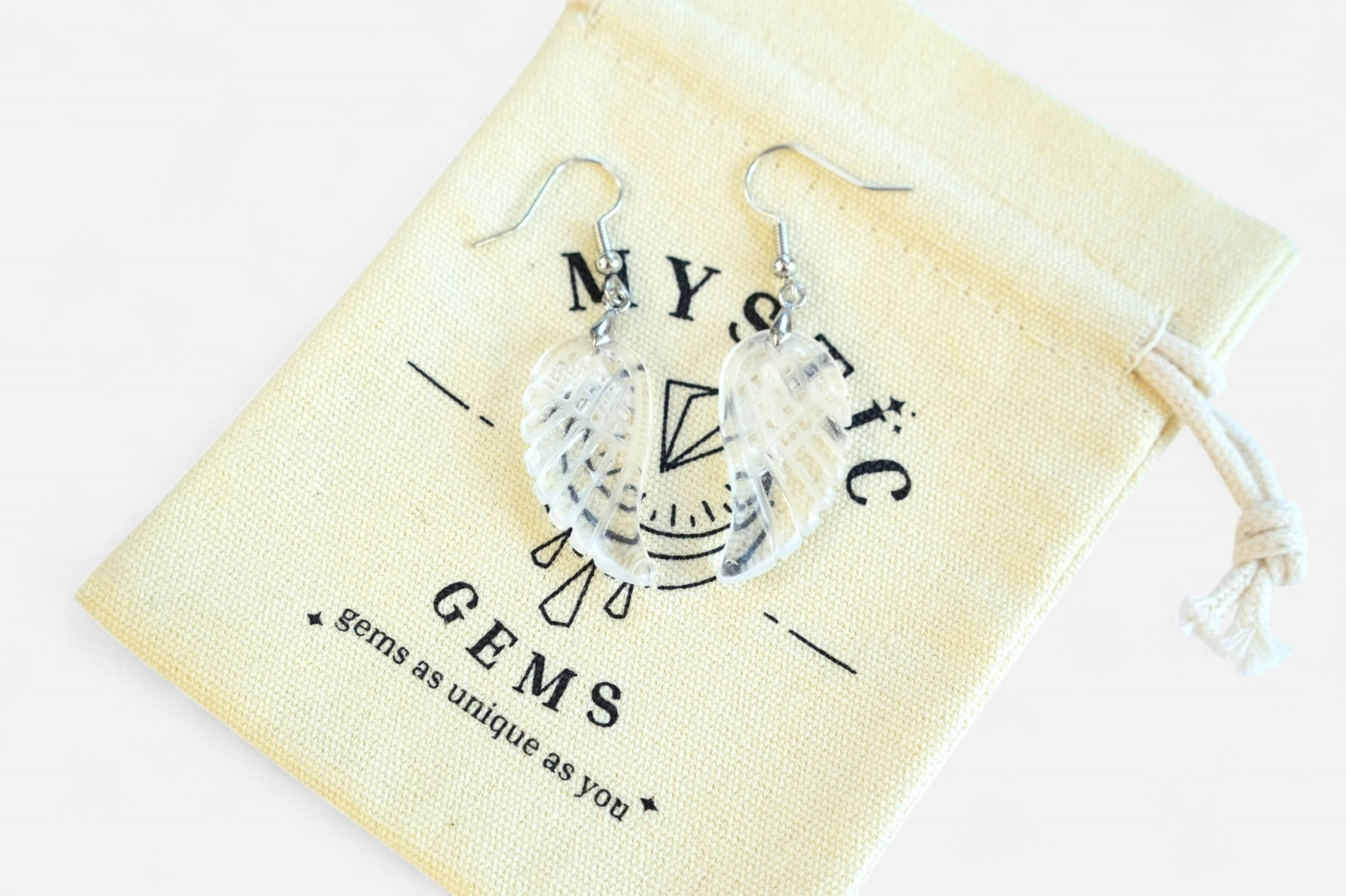 Clear Quartz Big Angel Wing Natural Gemstone Earrings with Pouch - Mystic Gems