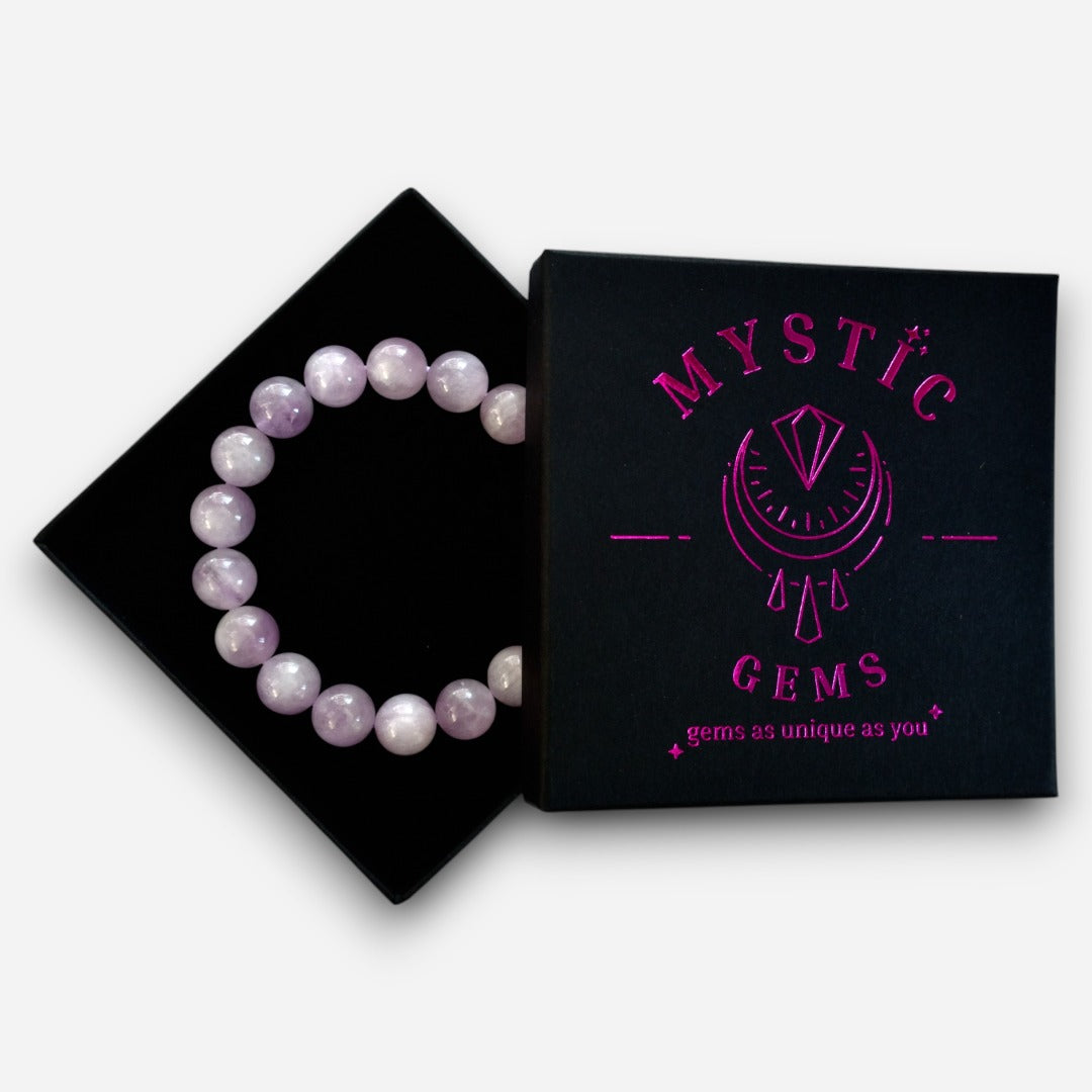 Kunzite 10mm Natural Gemstone Bracelet 6-9'' Elasticated with Box - Mystic Gems