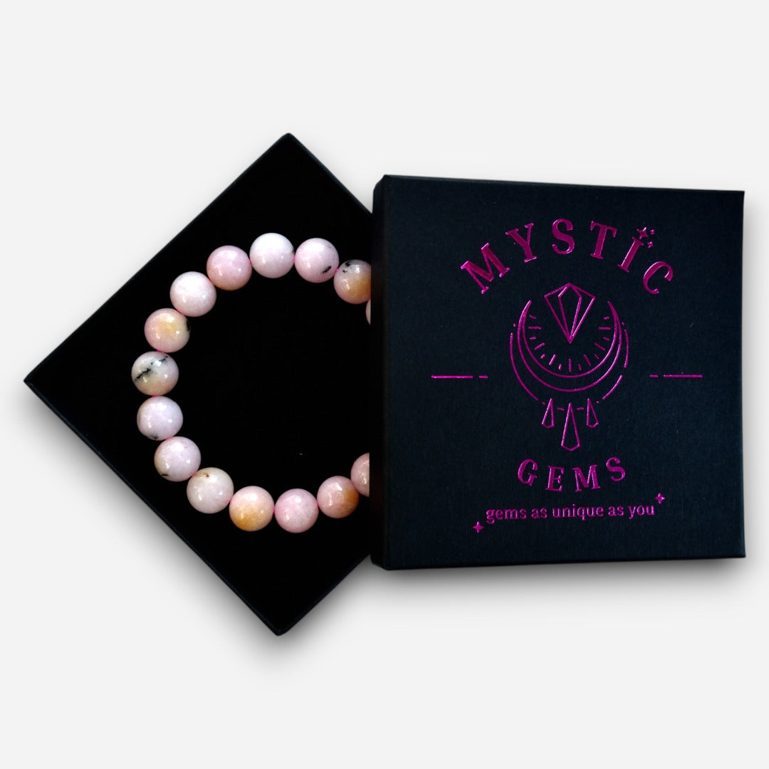 Pink Dendritic Agate 10mm Natural Gemstone Bracelet 6-9'' Elasticated with Box - Mystic Gems