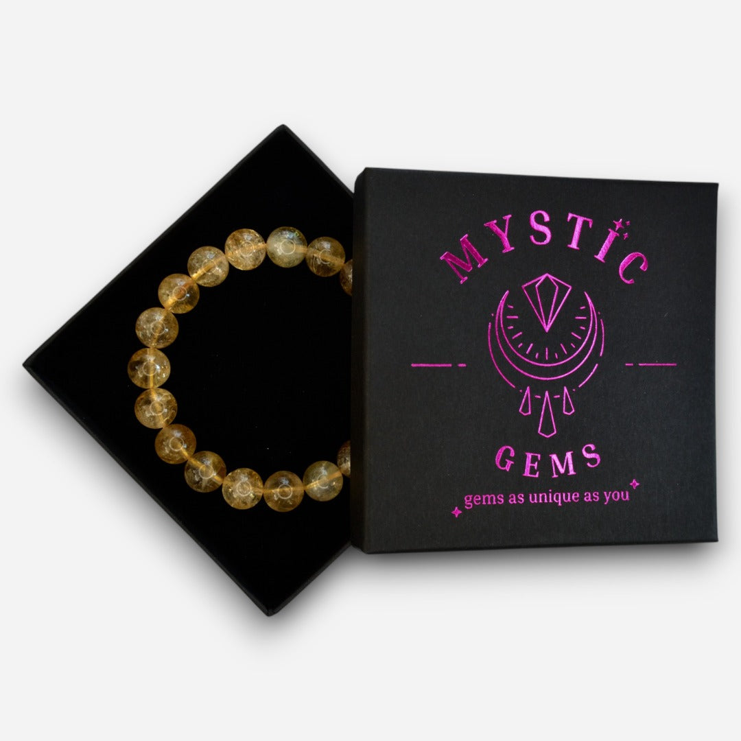 Citrine 10mm Natural Gemstone Bracelet 6-9'' Elasticated with Box - Mystic Gems