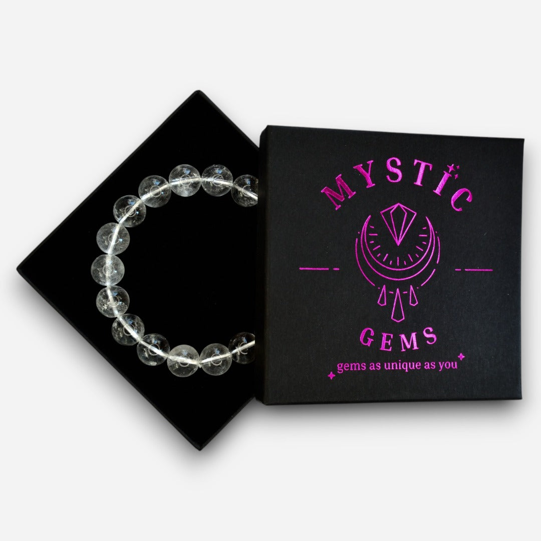 Clear Quartz 10mm Natural Gemstone Bracelet 6-9'' Elasticated with Box - Mystic Gems