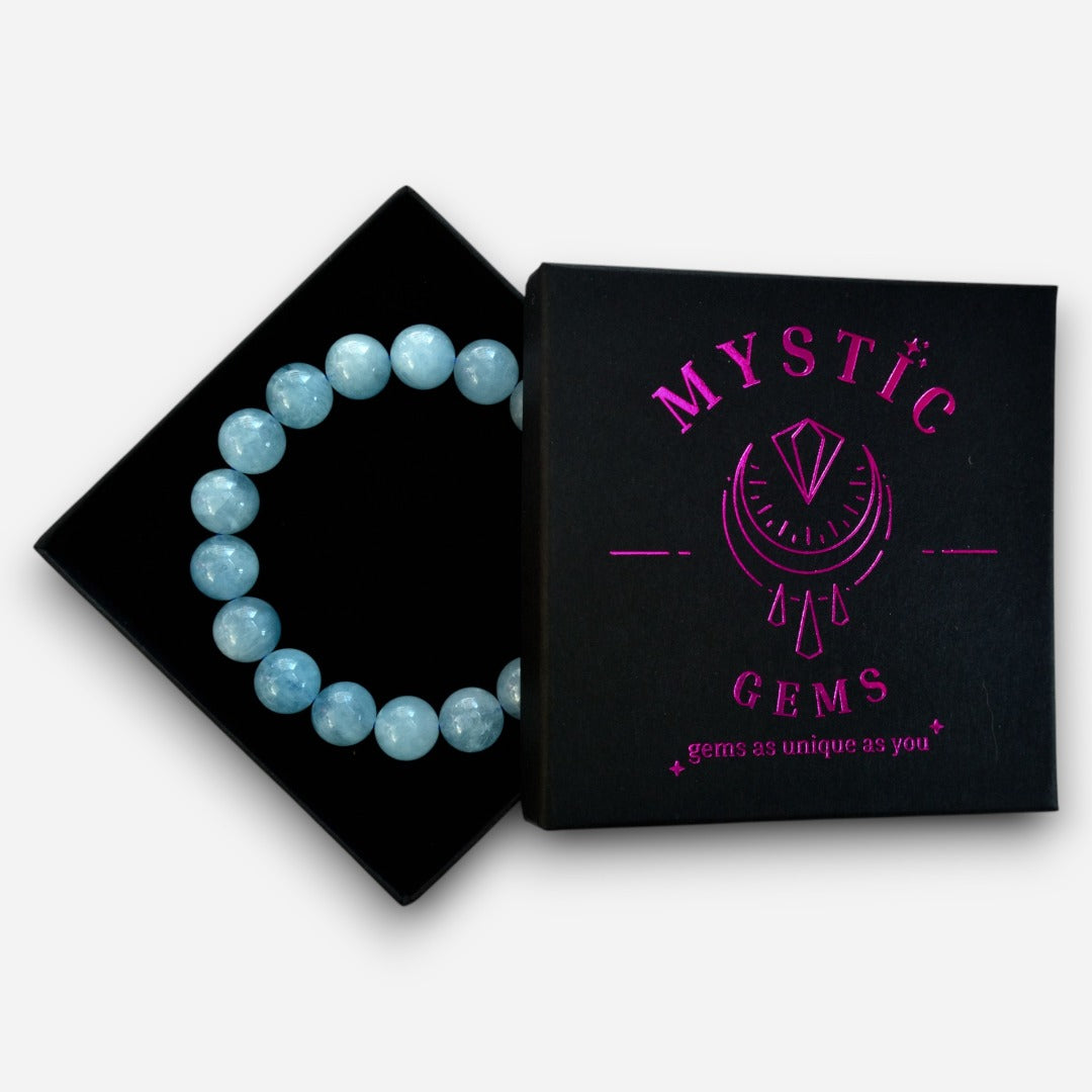 Aquamarine 10mm Natural Gemstone Bracelet 6-9'' Elasticated with Box - Mystic Gems