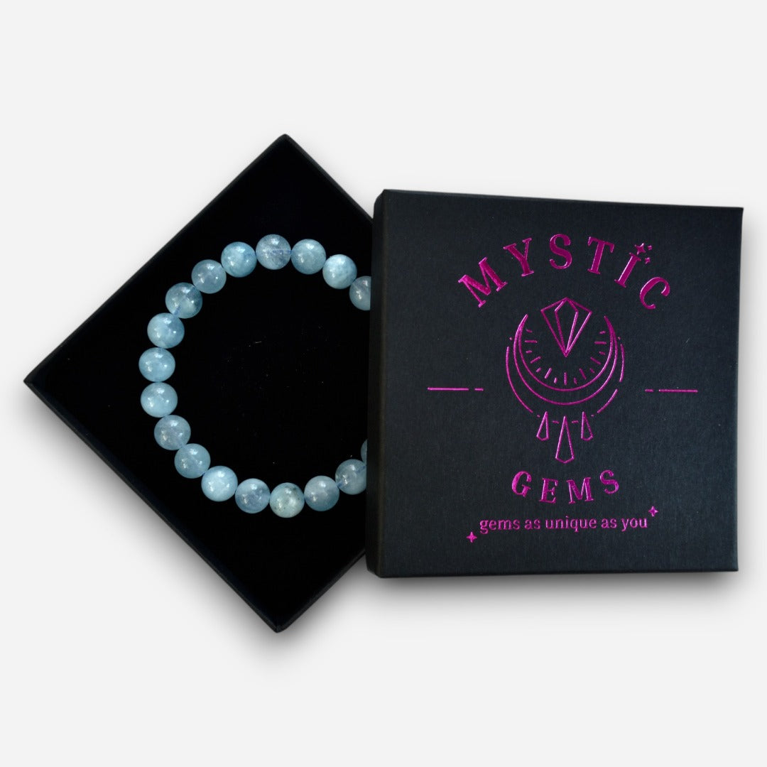 Aquamarine 8mm Natural Gemstone Bracelet 6-9'' Elasticated with Box - Mystic Gems