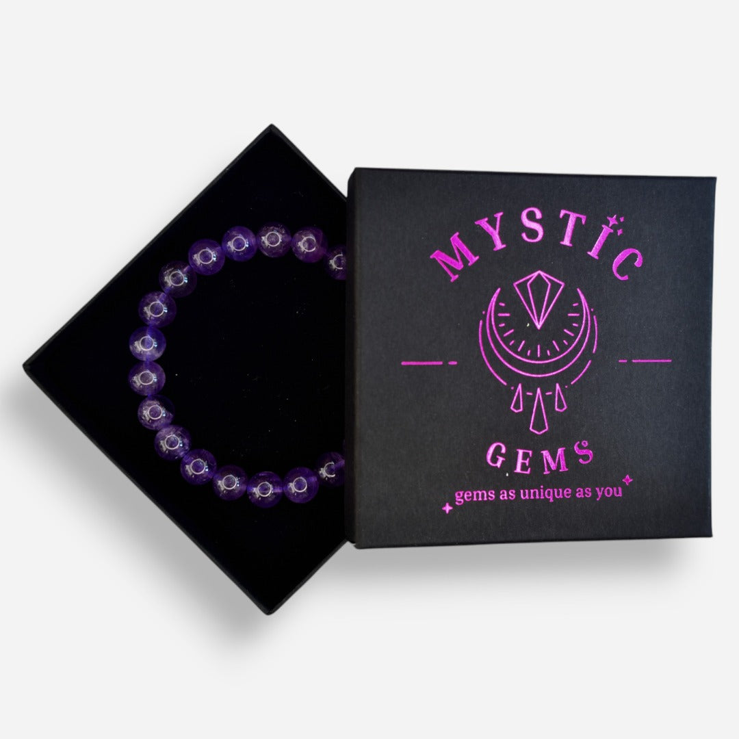 Amethyst 8mm Natural Gemstone Bracelet 6-9'' Elasticated with Box - Mystic Gems