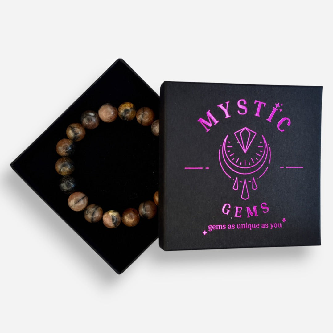 Chiastolite 10mm Natural Gemstone Bracelet 6-9'' Elasticated with Box - Mystic Gems