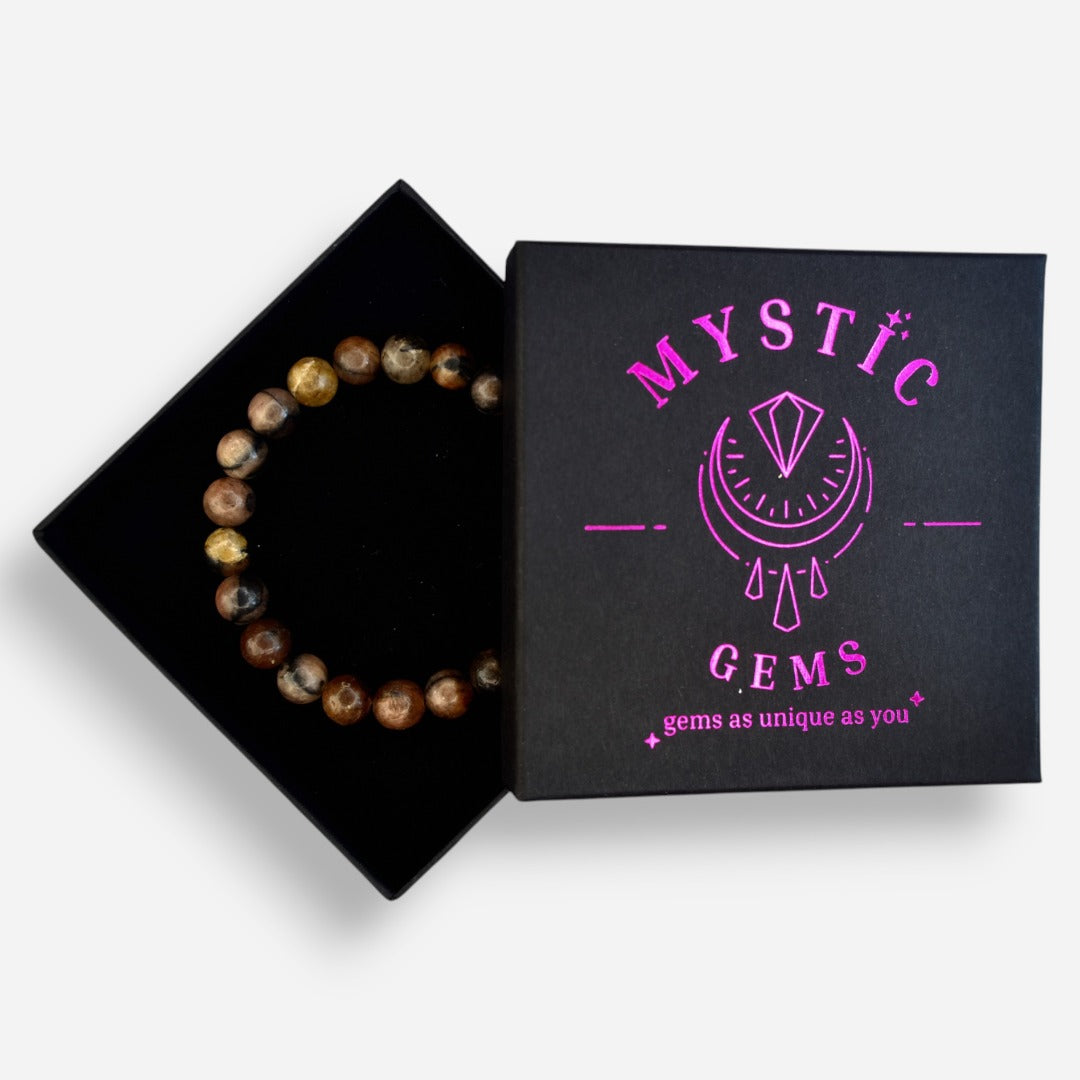 Chiastolite 8mm Natural Gemstone Bracelet 6-9'' Elasticated with Box - Mystic Gems