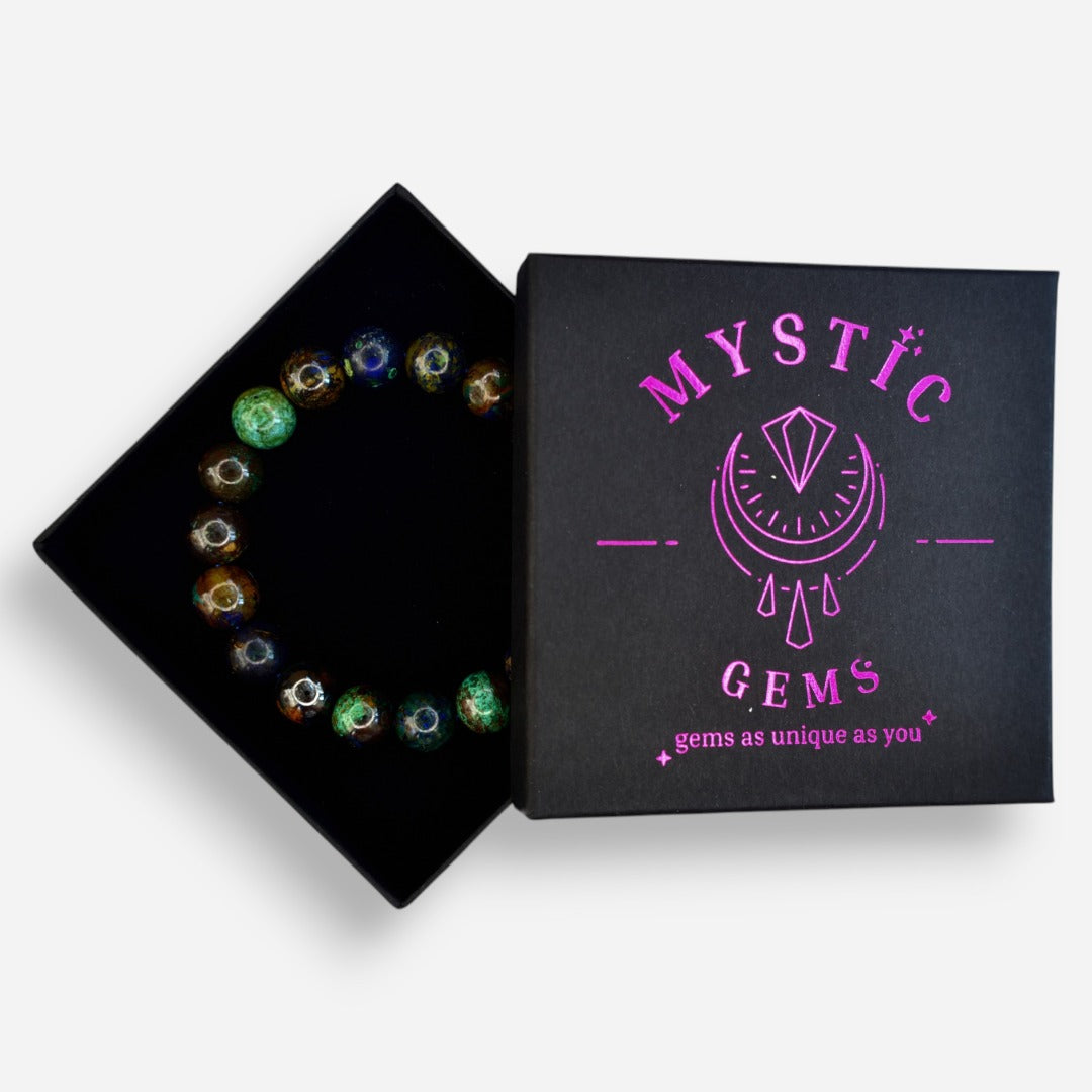 Azurite 10mm Natural Gemstone Bracelet 6-9'' Elasticated with Box - Mystic Gems