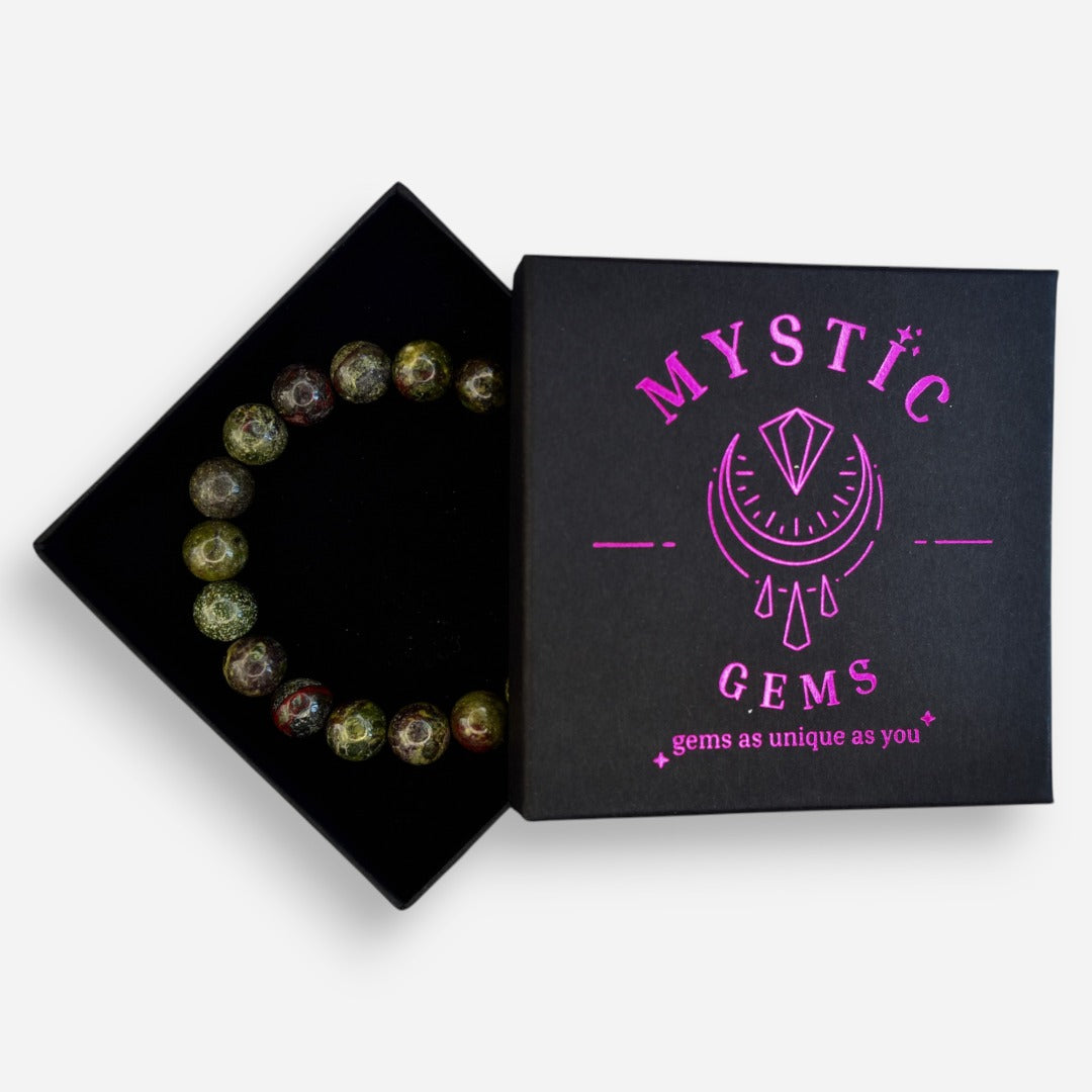 Dragon Blood 10mm Natural Gemstone Bracelet 6-9'' Elasticated with Box - Mystic Gems