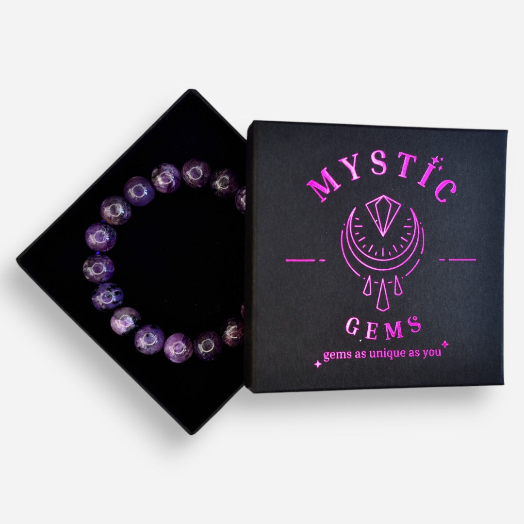 Charoite 10mm Natural Gemstone Bracelet 6-9'' Elasticated with Box - Mystic Gems