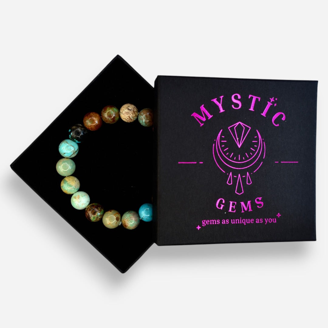 Hubei Turquoise 10mm Natural Gemstone Bracelet 6-9'' Elasticated with Box - Mystic Gems