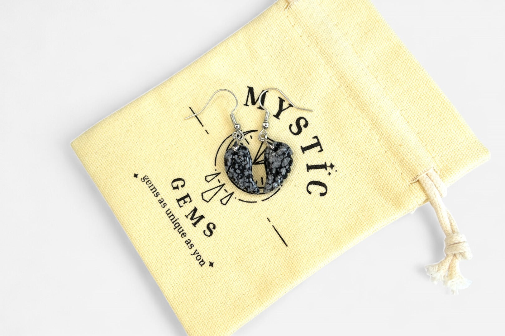 Snowflake Obsidian Small Angel Wing Natural Gemstone Earrings with Pouch - Mystic Gems