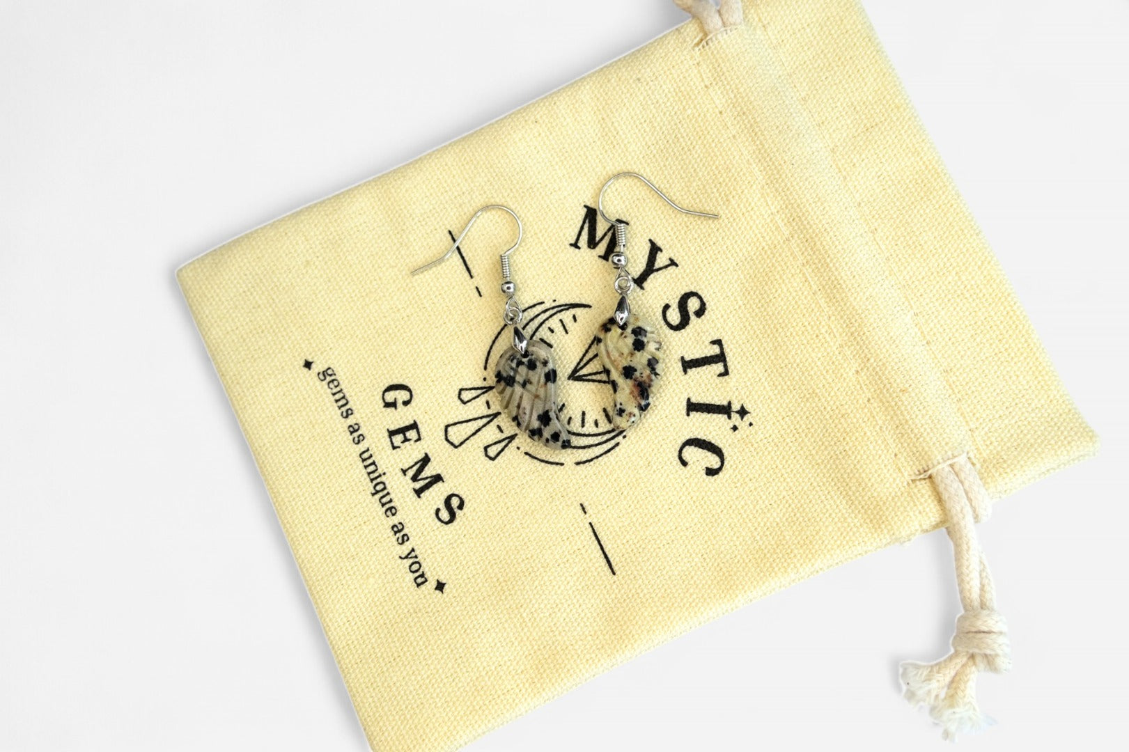 Dalmatian Jasper Small Angel Wing Natural Gemstone Earrings with Pouch - Mystic Gems