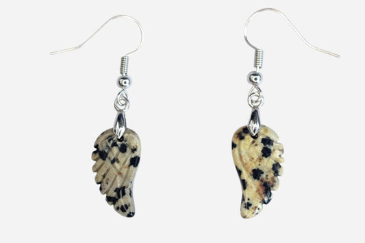 Dalmatian Jasper Small Angel Wing Natural Gemstone Earrings with Pouch - Mystic Gems
