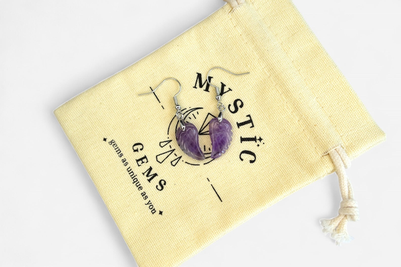 Amethyst Small Angel Wing Natural Gemstone Earrings with Pouch - Mystic Gems