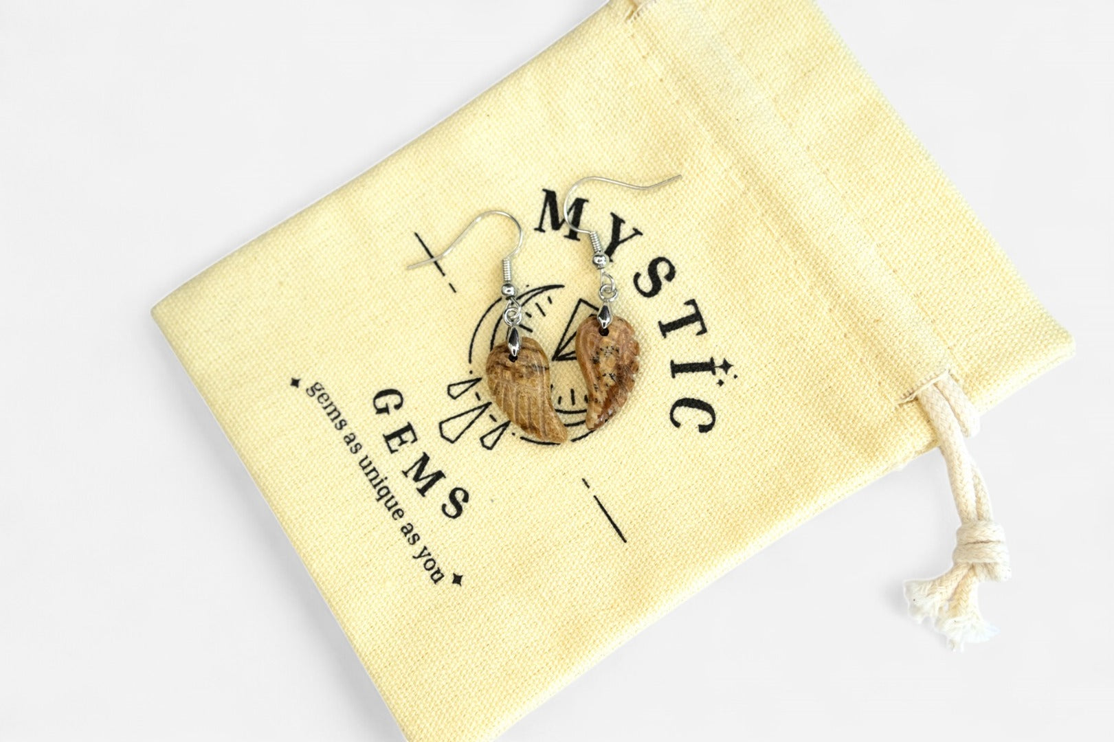 Picture Jasper Small Angel Wing Natural Gemstone Earrings with Pouch - Mystic Gems