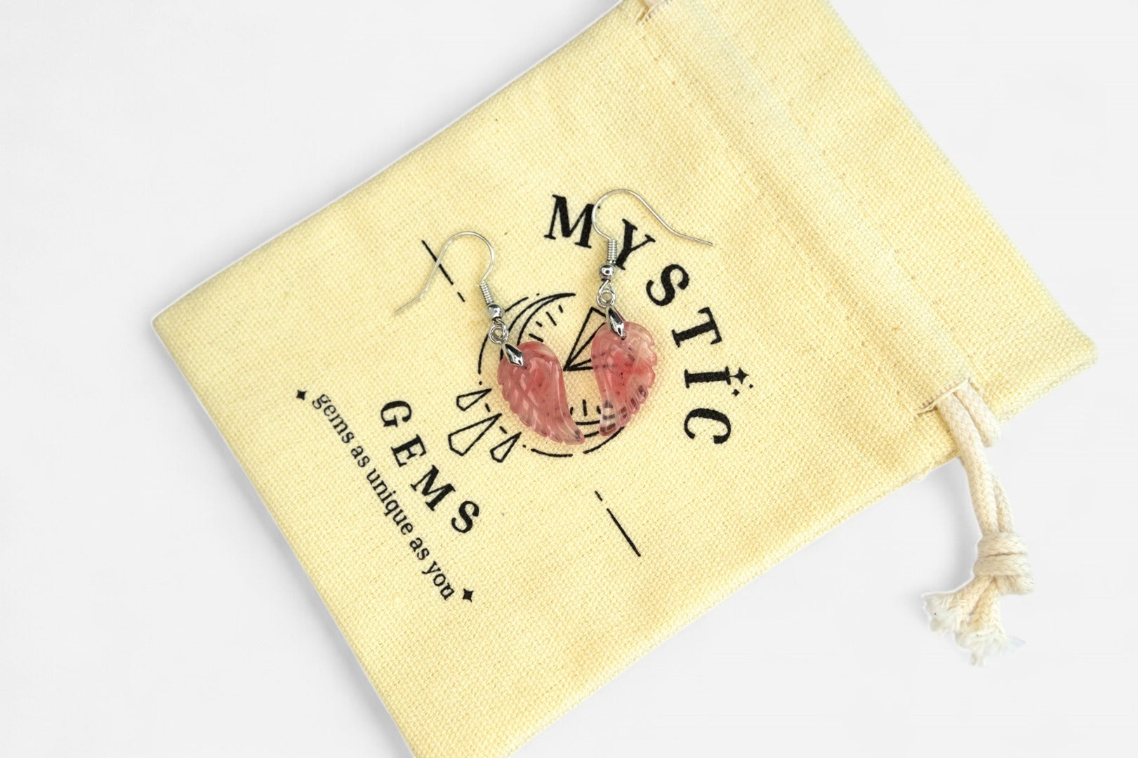 Cherry Quartz Small Angel Wing Natural Dyed Gemstone Earrings with Pouch - Mystic Gems