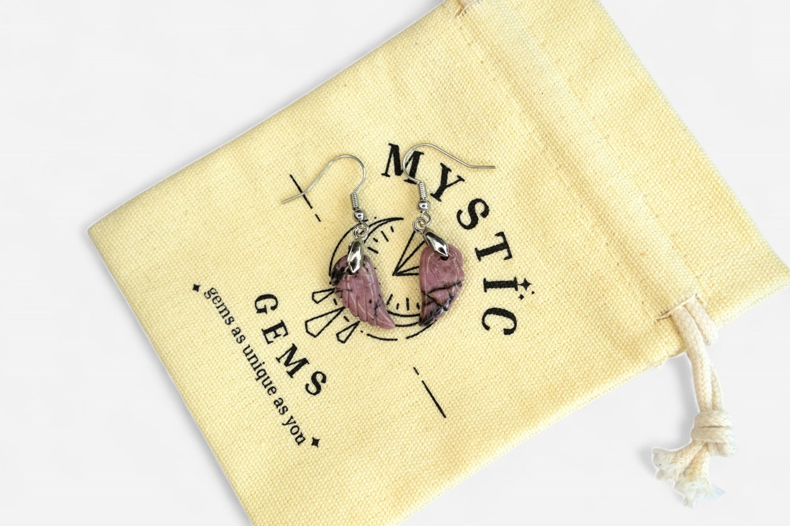 Rhodochrosite Small Angel Wing Natural Gemstone Earrings with Pouch - Mystic Gems