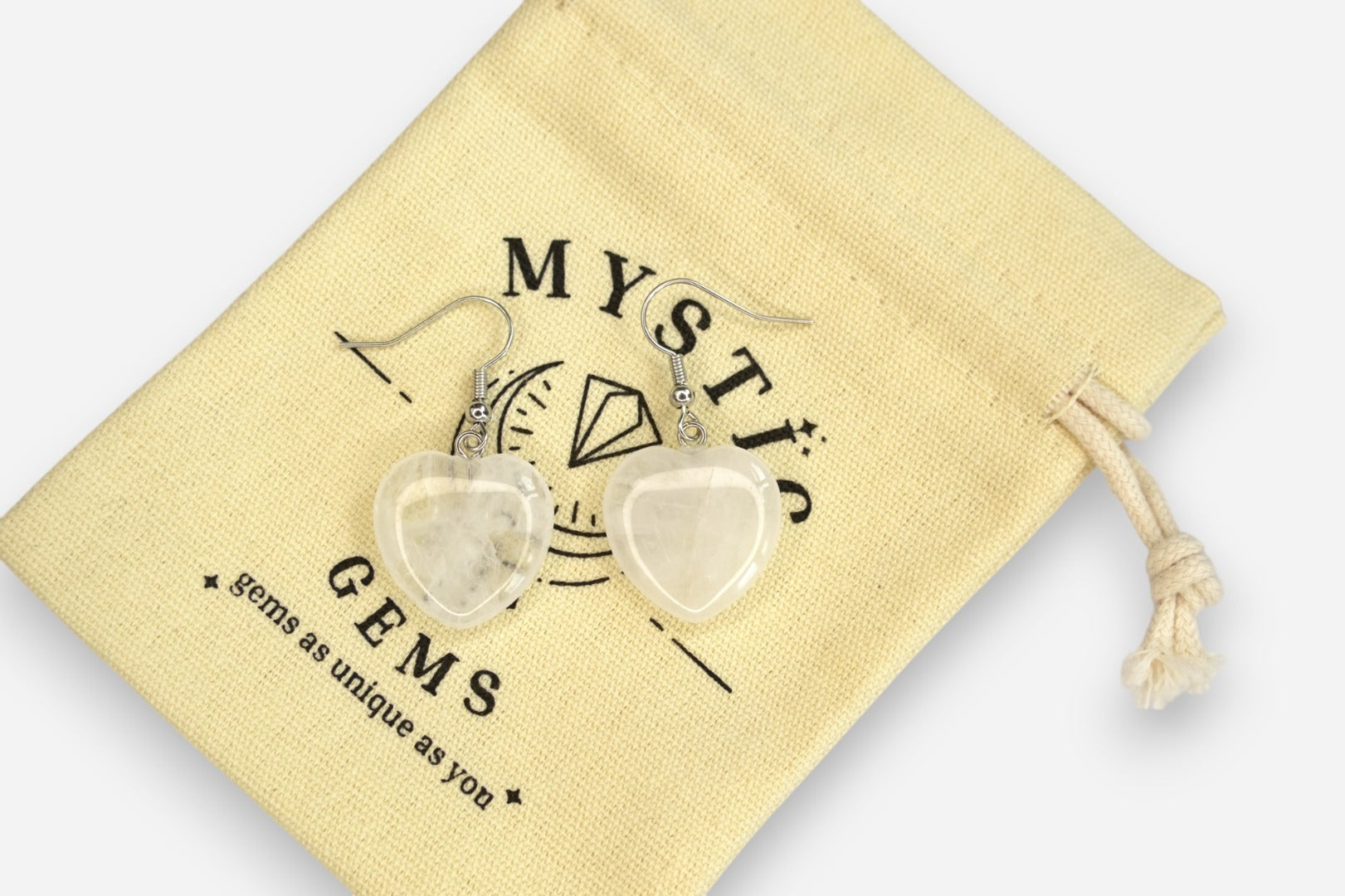 Clear Quartz Heart Natural Gemstone Earrings with Pouch - Mystic Gems