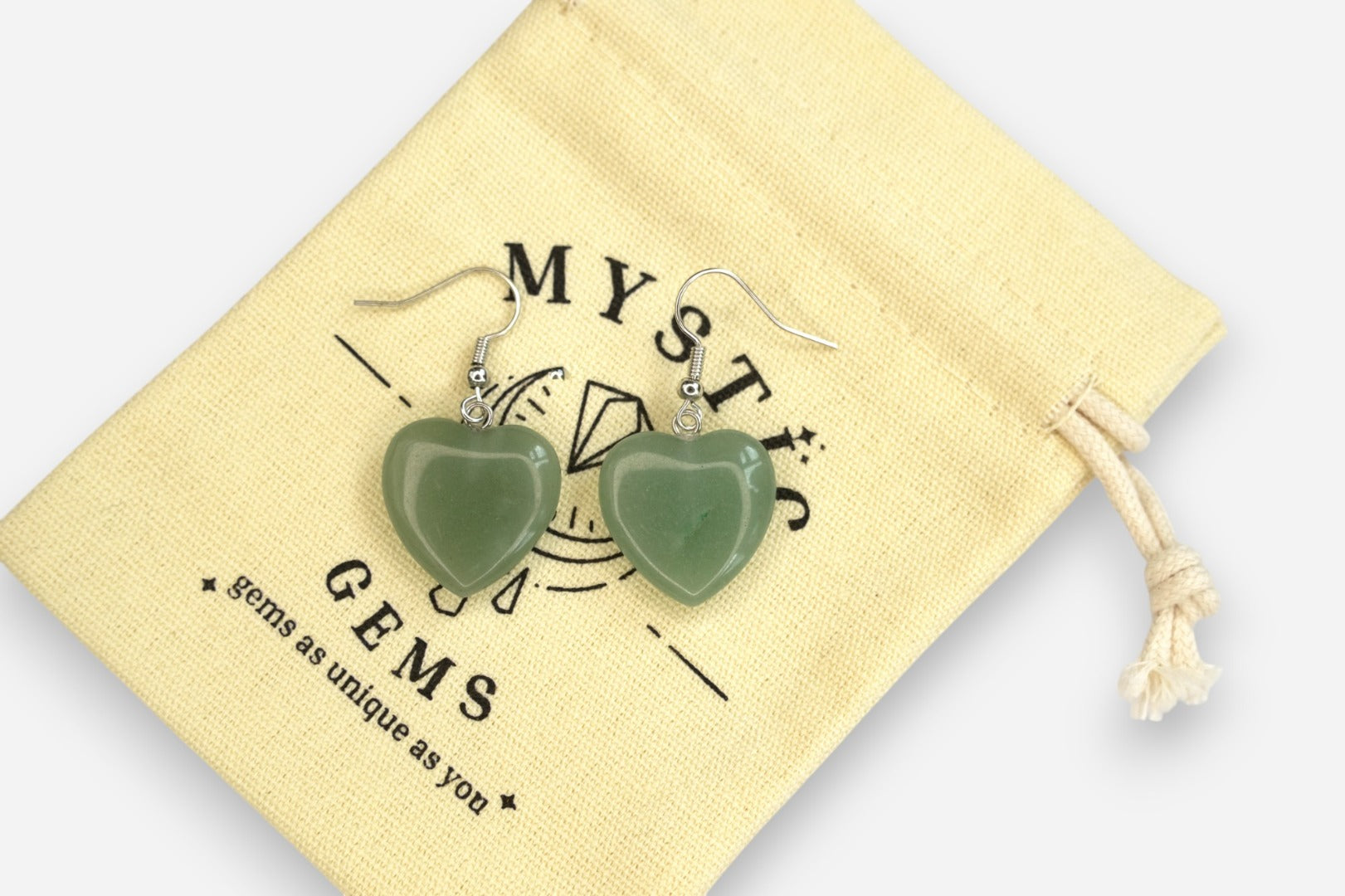 Green Aventurine Heart Natural Gemstone Earrings with Pouch - Mystic Gems