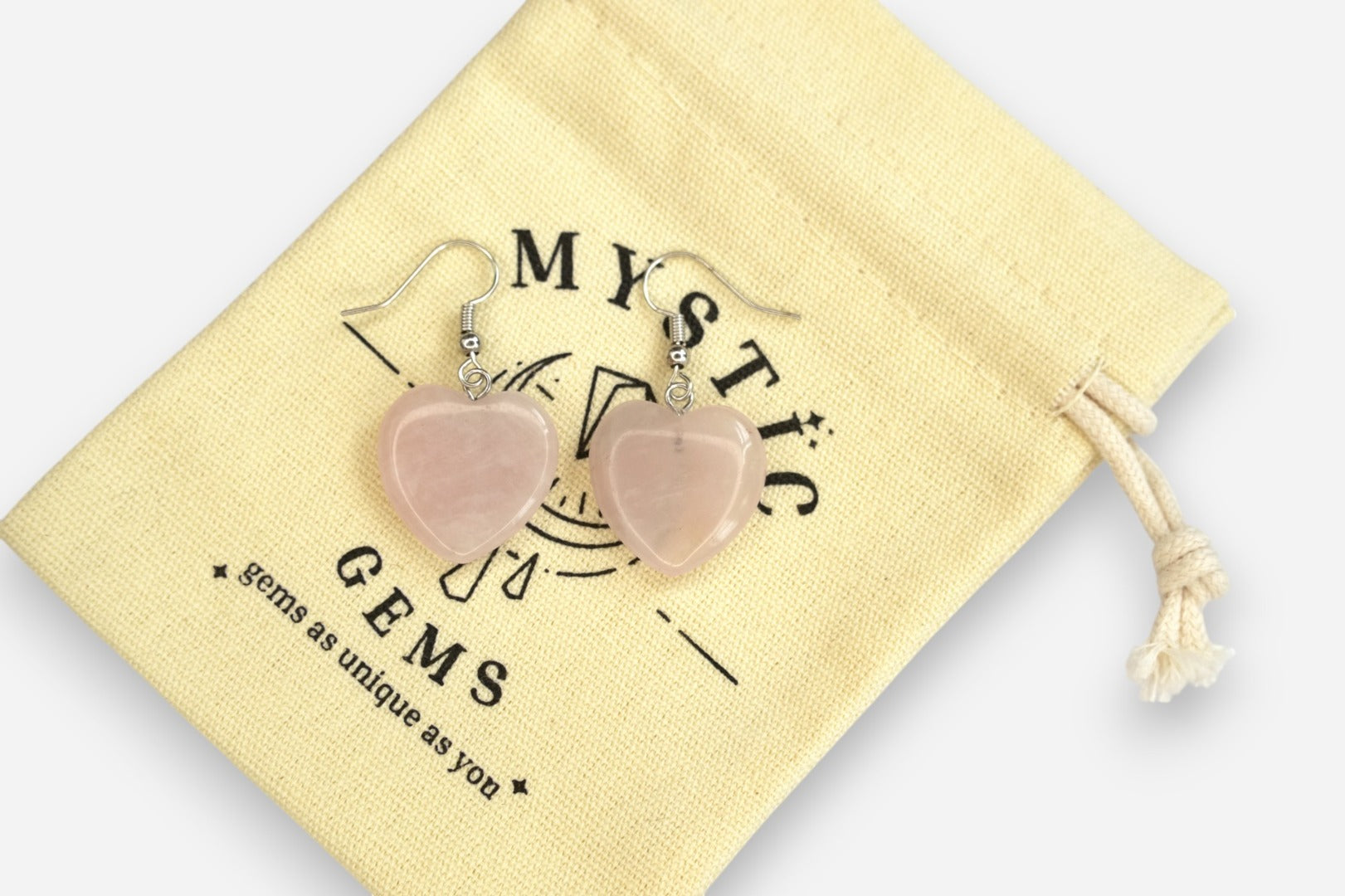 Rose Quartz Heart Natural Gemstone Earrings with Pouch - Mystic Gems
