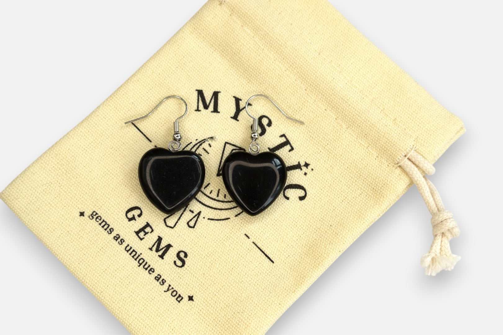 Black Onyx Heart Natural Gemstone Earrings with Pouch - Mystic Gems