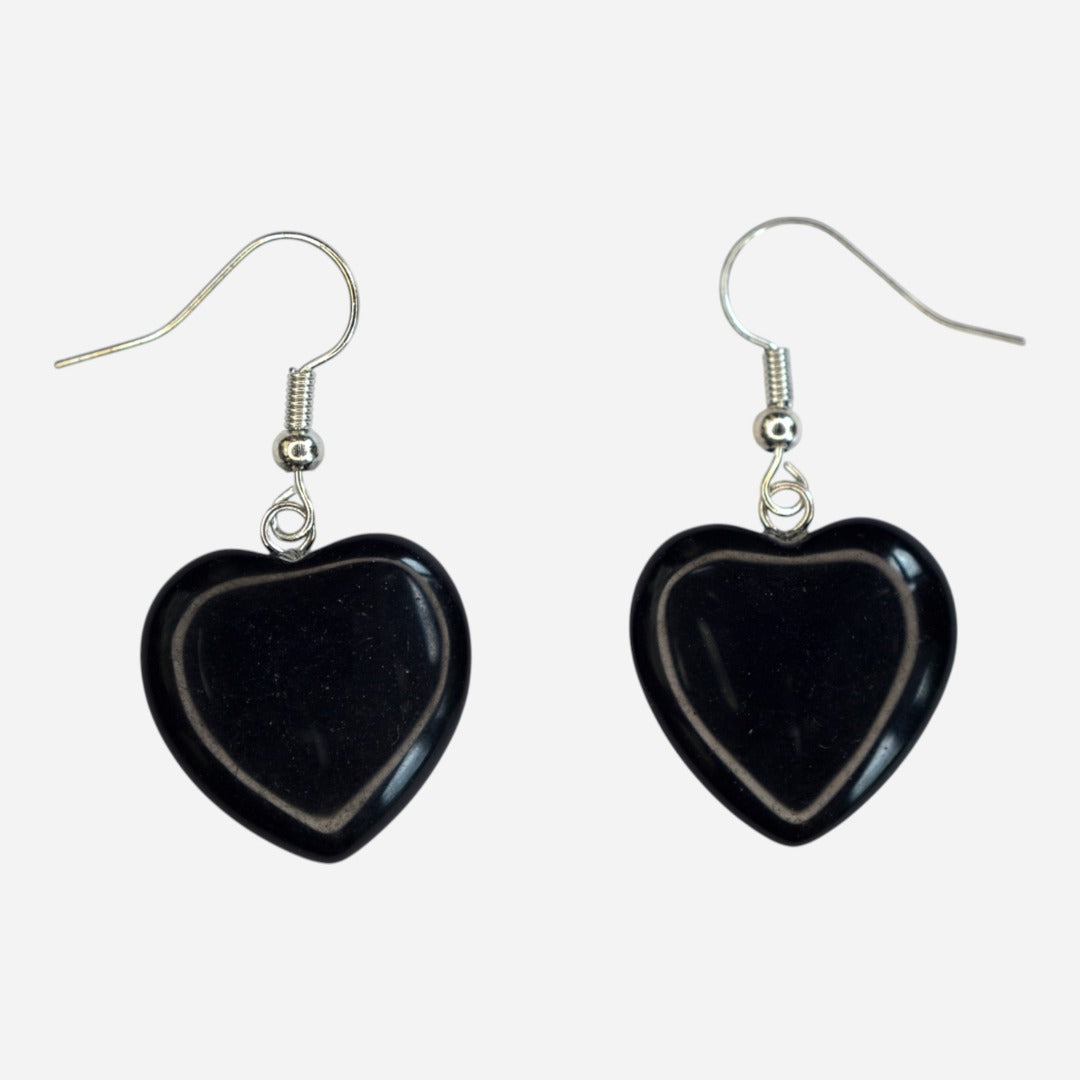 Black Onyx Heart Natural Gemstone Earrings with Pouch - Mystic Gems