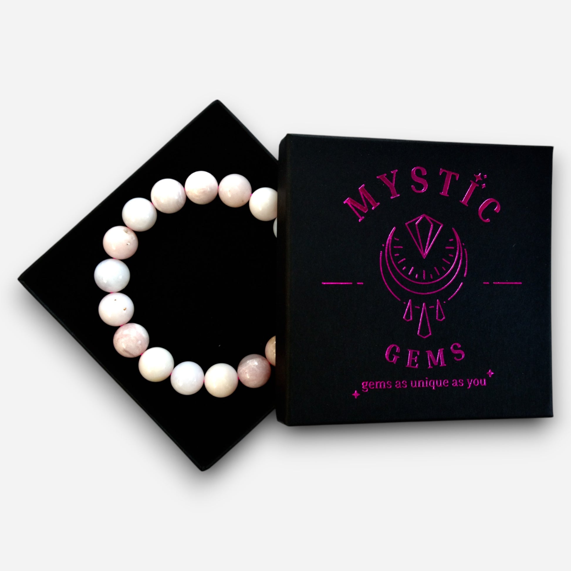 Pink Opal 10mm Natural Gemstone Bracelet 6-9'' Elasticated with Box - Mystic Gems