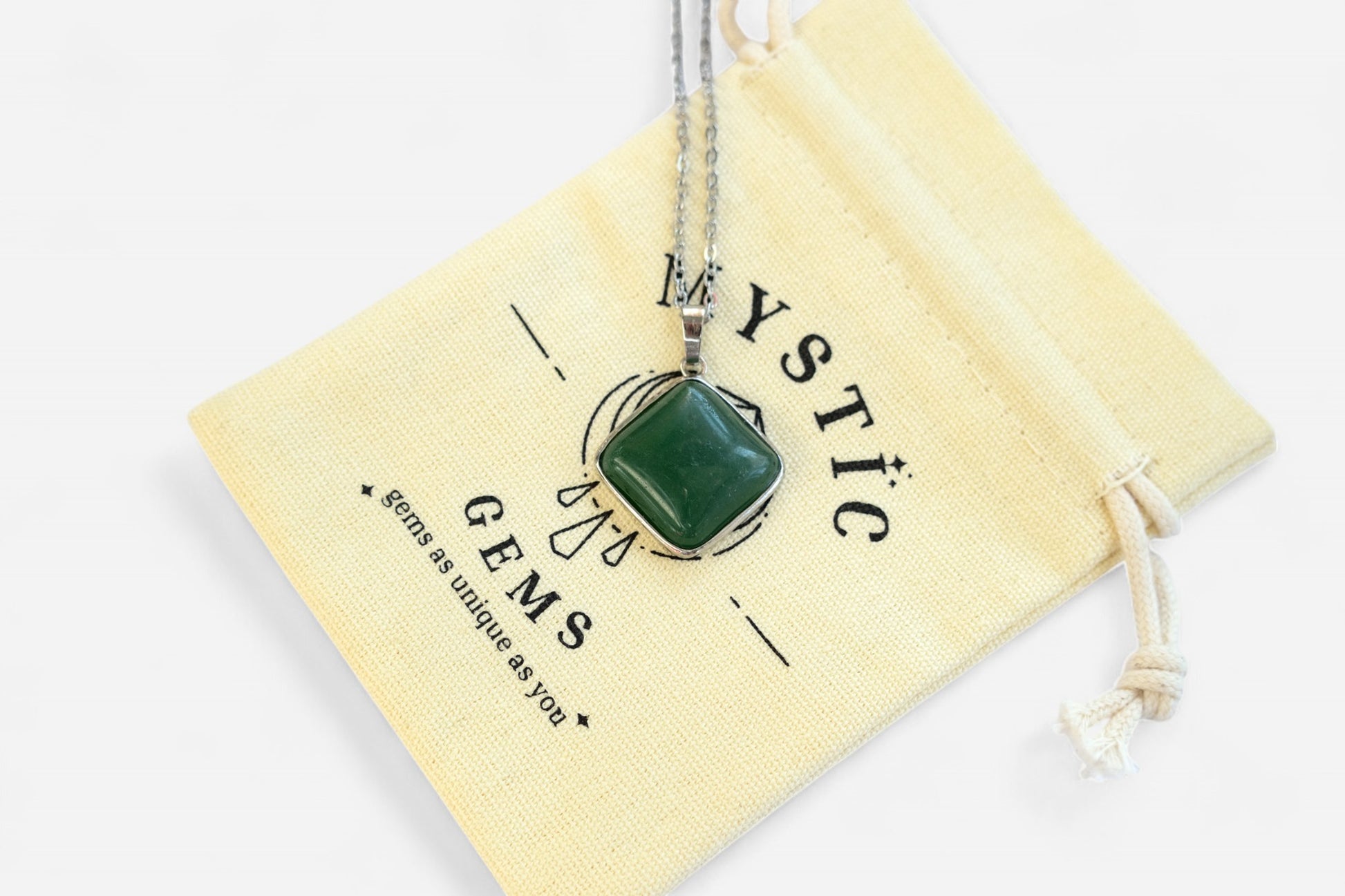 Green Aventurine Square Natural Gemstone Pendant Necklace 50cm with Pouch - Mystic Gems