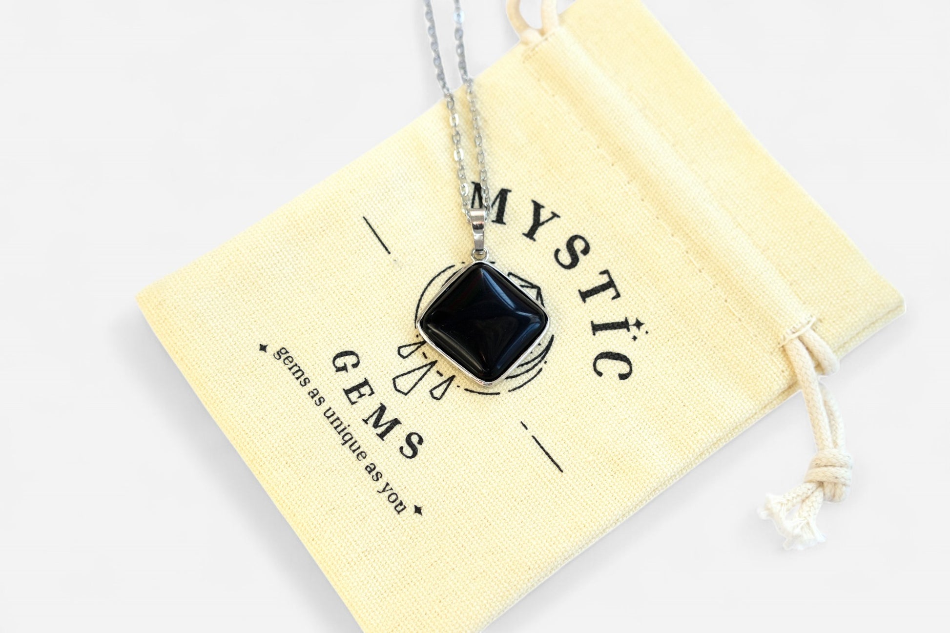 Black Obsidian Square Natural Gemstone Pendant Necklace 50cm with Pouch - Mystic Gems