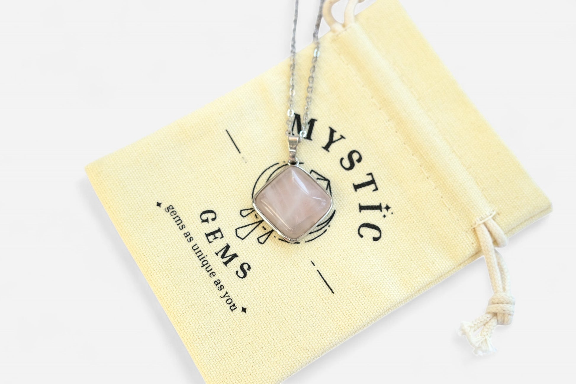 Rose Quartz Square Natural Gemstone Pendant Necklace 50cm with Pouch - Mystic Gems