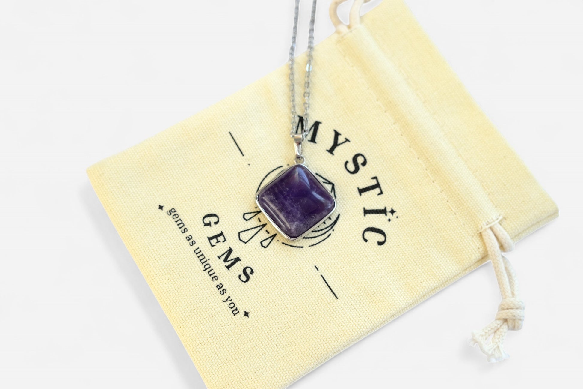 Amethyst Square Natural Gemstone Pendant Necklace 50cm with Pouch - Mystic Gems