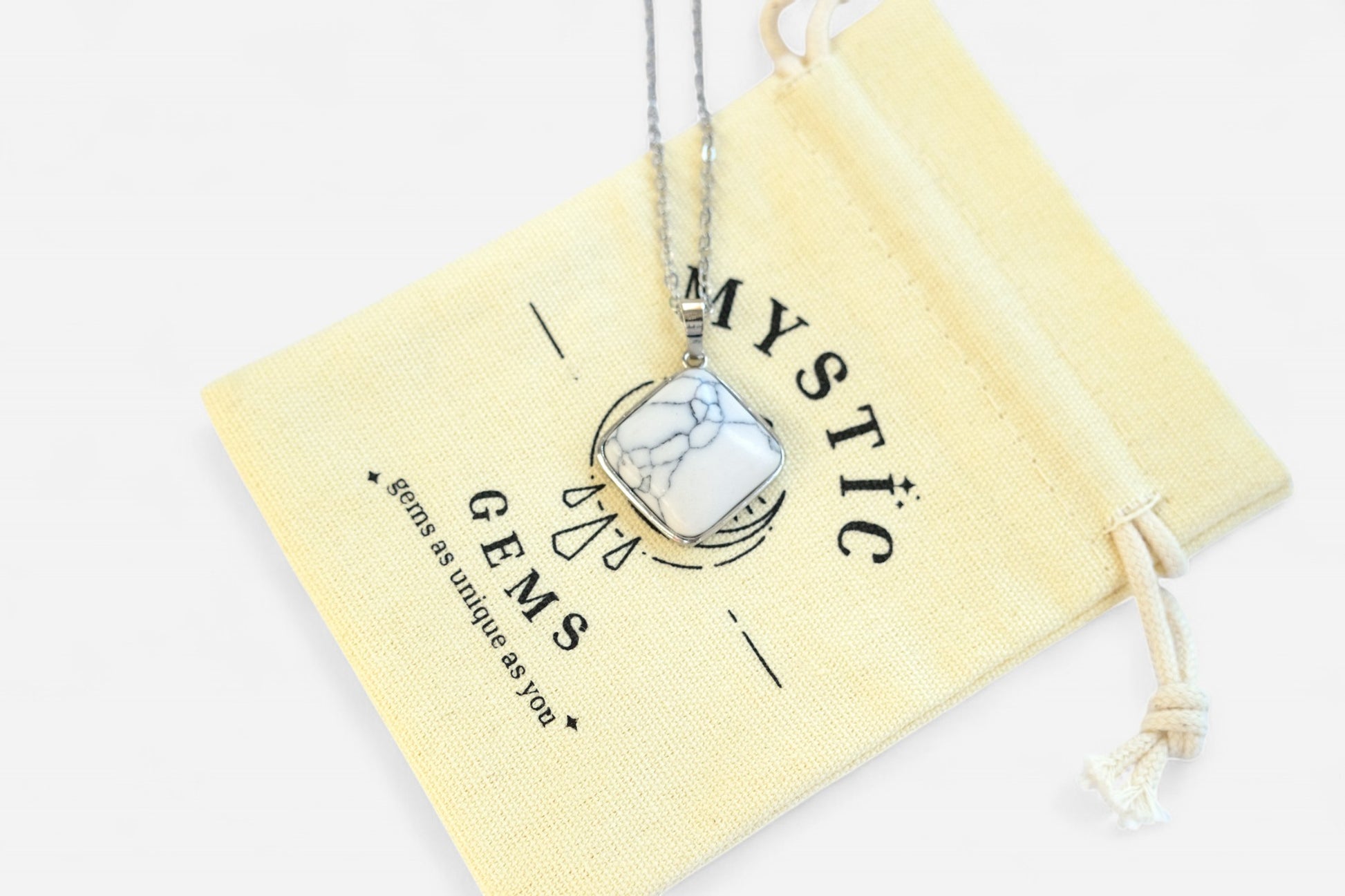 White Howlite Square Natural Gemstone Pendant Necklace 50cm with Pouch - Mystic Gems