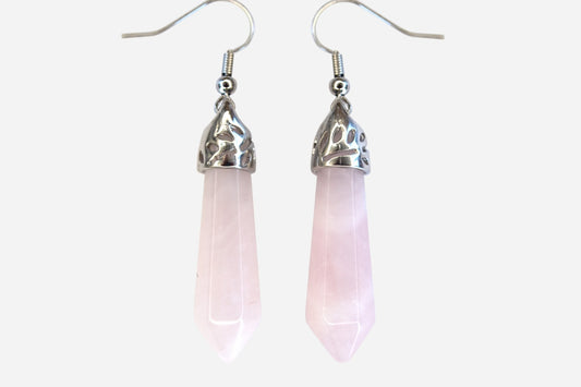 Rose Quartz Earrings Hexagonal Shape Natural Gemstone Silver Plated Chakra Reiki